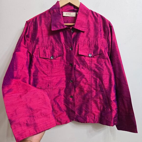 Anu Natural Womens Artsy Minimalist Chic Fushia Irridescent 100% Silk Jacket L - Picture 4 of 12
